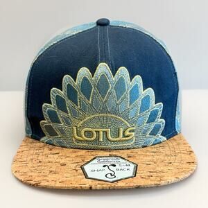 Grassroots Lotus Mens Blue Gold Embroidery Sunrain Cork Snapback Hat S/M NWOT